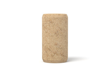 Single wine cork standing upright on white