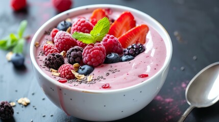 Bright and nutrient-rich smoothie bowl with berries and nuts on top, healthy eating, vegetarianism and diet concept
