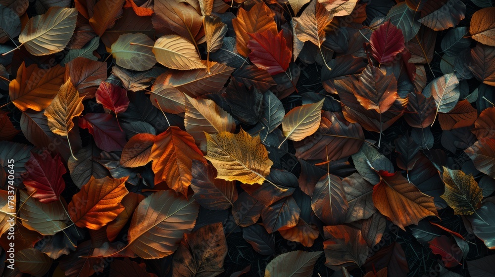 Poster a background showcasing colorful autumn leaves with intricate patterns and textures, lying on a bed 