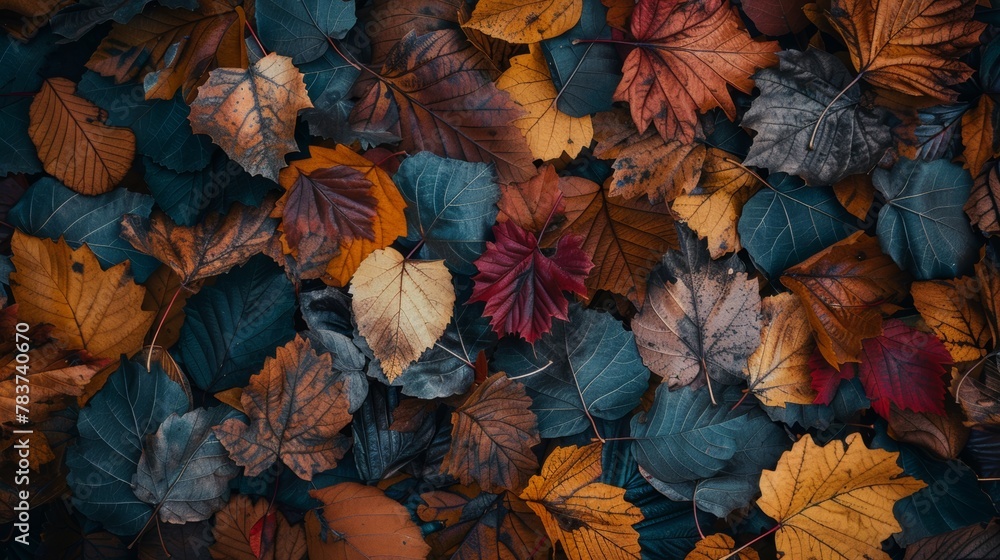 Poster a background showcasing colorful autumn leaves with intricate patterns and textures, lying on a bed 