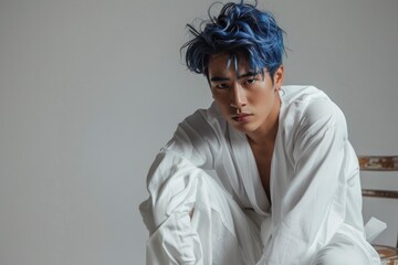 Intense young man with striking blue hair, a white shirt, exuding cool confidence and modern style. - Powered by Adobe