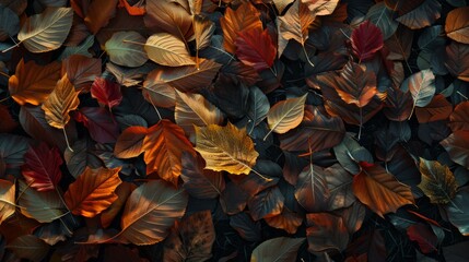 A background showcasing colorful autumn leaves with intricate patterns and textures, lying on a bed...