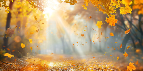 Autumn beech leaves decorate a beautiful nature bokeh background with forest  Autumn scene Bright colorful landscape yellow trees in autumn park Fall nature Autumn Tree and Sun during Sunset - obrazy, fototapety, plakaty