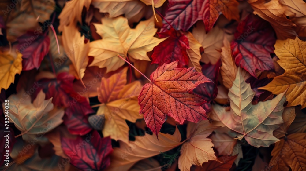 Poster a background showcasing colorful autumn leaves with intricate patterns and textures, lying on a bed 