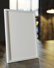 A closeup of a white poster frame mockup standing in a beautiful dark theme home