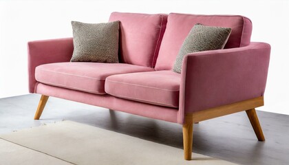 A world of comfort, a pink couch with wooden legs on a white background