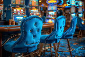 Casino interior, gamble games table.