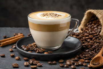 Cappuccino in cup on grey background - 783741223