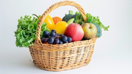 Fresh fruits and vegetables in a wicker basket on a white background.