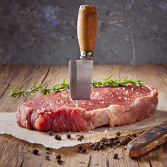 Fresh steak on cutting board with knife - 783741254
