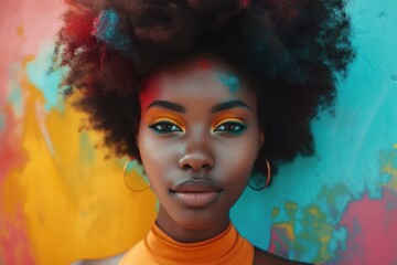 Confident Beautiful afro woman portrait. Happy smiling African lady with earrings closeup photo. Generate ai