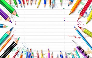 Assortment of coloured pencils with shadow on white background