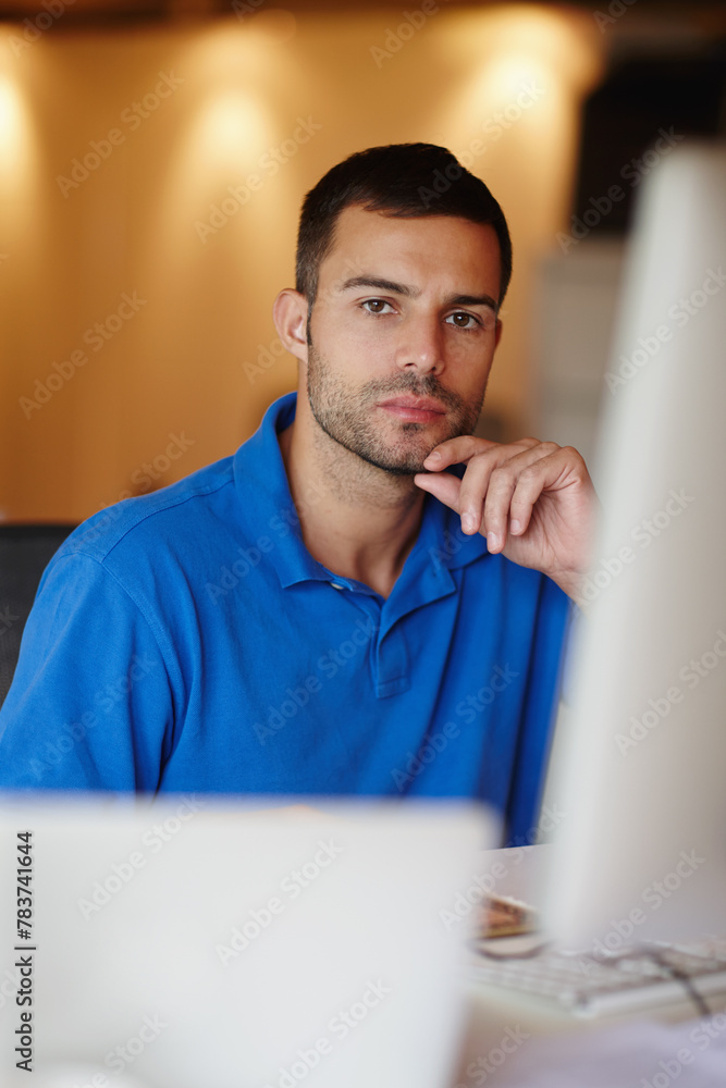 Wall mural Businessman, computer and thinking in home office for project, planning and connection in startup company. Entrepreneur, portrait and trading at desk for small business, online and technology.