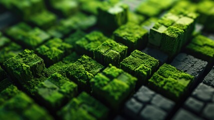 Abstract background or screensaver made of soil and moss cubes. - obrazy, fototapety, plakaty