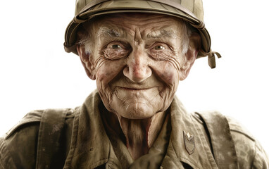 The face of a venerable veteran in a field cap, graced with smiles and the history of honorable service. - obrazy, fototapety, plakaty