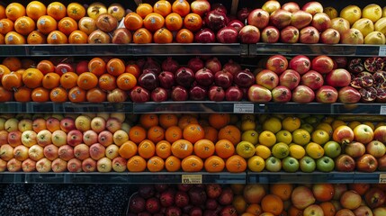 Fresh fruits, such as apples, oranges, pomegranates, and lemons, are neatly stacked on shelves at the grocery store. - obrazy, fototapety, plakaty