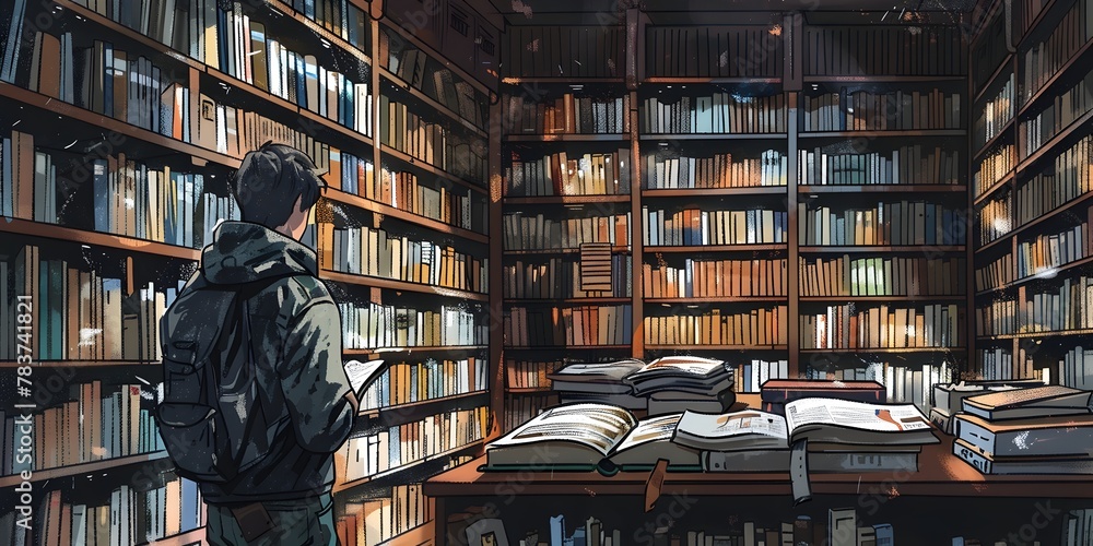 Poster solitary reader exploring the boundless realms of knowledge in a serene library sanctuary