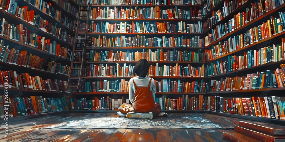 Poster immersed in the boundless realm of knowledge a solitary reader explores the shelves of a serene libr