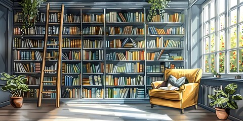 Cozy and Elegant Home Library with Floor to Ceiling Bookshelves and Inviting Reading Nook - obrazy, fototapety, plakaty