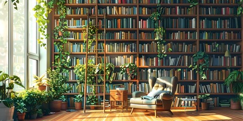 Cozy and Elegant Home Library with Floor to Ceiling Bookshelves Ladder and Inviting Reading Chair - obrazy, fototapety, plakaty