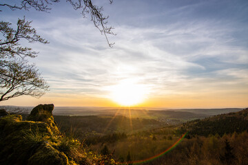 Panorama of a Romanesque landscape at sunset in the evening light. beautiful spring landscape in...