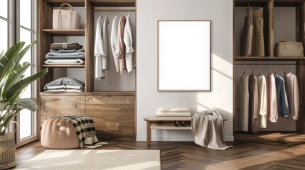 Fototapeta premium Framed mockup, ISO paper size A. Cabinet wall poster mockup. Interior mockup with house background.