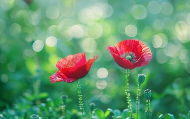 A cluster of striking red poppy flowers, a hallmark of Memorial Day, sway softly in the breeze amidst a lush, verdant meadow, conveying a sense of reverence and reflection.