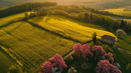 aerial overview of countryside during golden hour with yellow flowers in a small village, Field of...