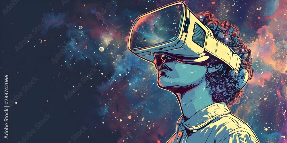 Poster a person in a virtual reality headset exploring an interactive educational program about the vast an