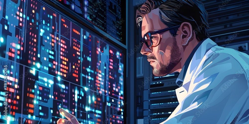 Poster biotechnologist examining dna sequencing data on computer screen for genetic markers to combat disea