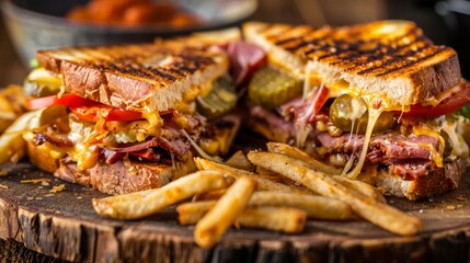Grilled club sandwich loaded with melted cheese, pickles, tomatoes, and juicy smoked meat. Served atop golden, crispy French fries on a rustic wooden table. - obrazy, fototapety, plakaty