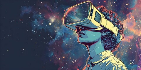 A person in a virtual reality headset exploring an interactive educational program about the vast and wondrous universe surrounded by cosmic and