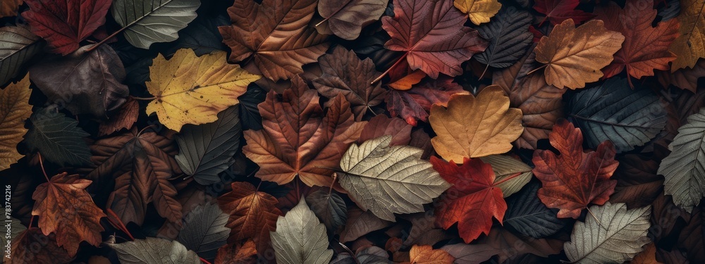 Poster a background showcasing colorful autumn leaves with intricate patterns and textures, lying on a bed 