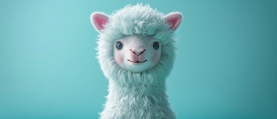 Charming 3D cartoon alpaca, fluffy appearance, pastel mint background, bright eyecatching colors