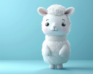 Cute cartoon alpaca in 3D, soft pastel blue background, bright playful colors, standing pose