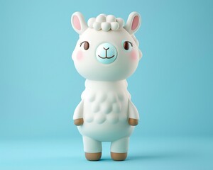 Naklejka premium Cute cartoon alpaca in 3D, soft pastel blue background, bright playful colors, standing pose