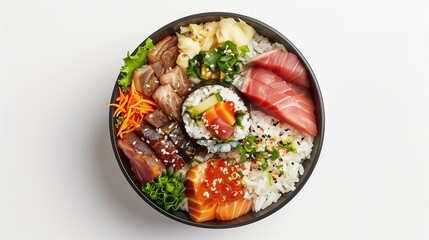 Bento box with rice, vegetables and salmon on a white background. Onigiri or broiled fish in a paper container isolated on a white background. A top view flat lay of Japanese food concept for a lunch.