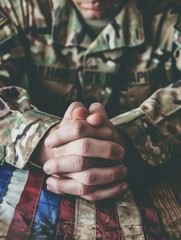 A close-up of a military service member's calloused and weathered hands, clasped in a moment of quiet reflection - a powerful symbol of the sacrifices made in service to the nation. - obrazy, fototapety, plakaty