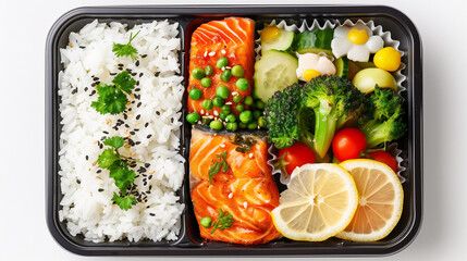 Bento box with rice, vegetables and salmon on a white background. Onigiri or broiled fish in a paper container isolated on a white background. A top view flat lay of Japanese food concept for a lunch.