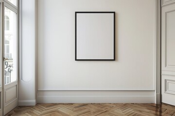 Blank white black square frame hung up on a wall in an elegant modern house, minimalist