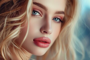Fototapeta premium Fashionable Blonde female beauty cosmetics person. Makeup model portrait smiling wavy. Generate ai