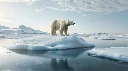 icebear threatened standing alone on floating ice floe sea sky melting arctic climate change, global warming die out