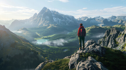 Fototapeta premium Solo traveler with hiking backpack standing and admiring beautiful landscape view from high mountain peak with cloudy sunny weather and mountains in the distance