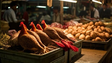  Fresh poultry at a bustling market
