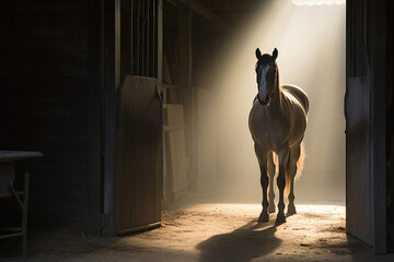 A horse with a thick brown mane stands in the stable doorway - 783742803
