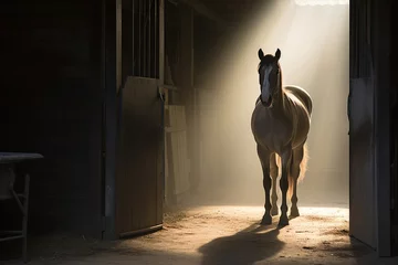 Foto op Plexiglas A horse with a thick brown mane stands in the stable doorway © lolya1988