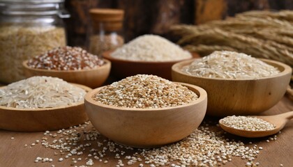 A collection of whole grains like quinoa, brown rice, and barley, presented in wooden bowls. 