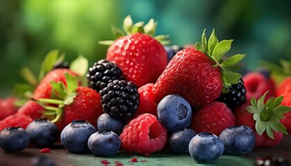 A colorful composition of handpicked berries like strawberries, blueberries, and raspberries.
