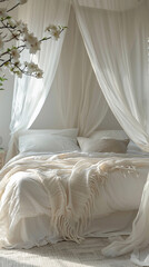 Close-up of a canopy bed draped with sheer curtains in a romantic bedroom, scandinavian style interior