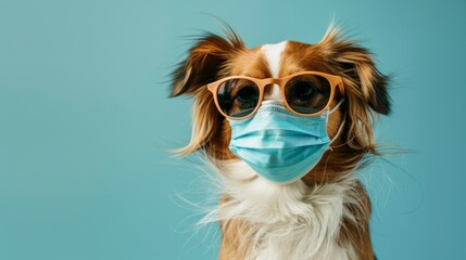 A dog using a mask isolated blue background